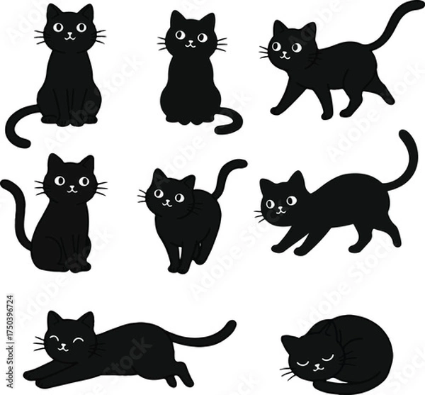 Fototapeta Collection of adorable cartoon black cats in various poses and expressions.