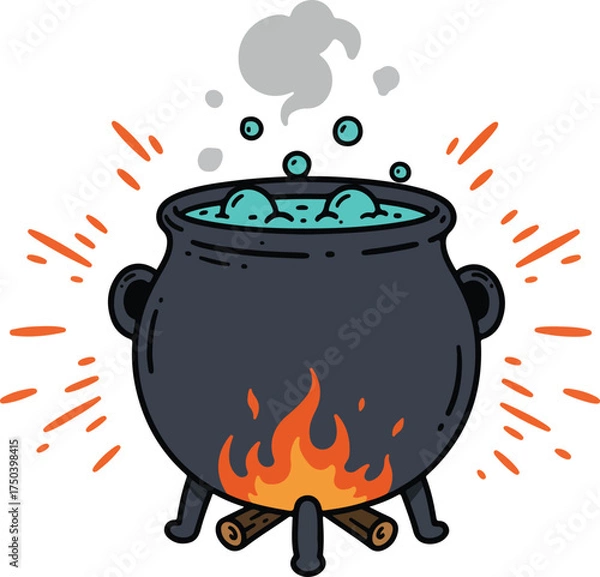 Fototapeta A witch's cauldron boils with a bubbling potion over a crackling fire, emitting steam and magical energy.