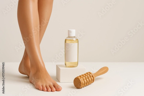 Fototapeta Smooth feet with oil bottle and wooden massage roller on white surface, beauty and skincare concept with soft lighting and neutral background for calming effect
