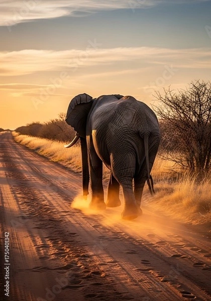 Fototapeta Elephants Journey - A Majestic Walk at Sunset.