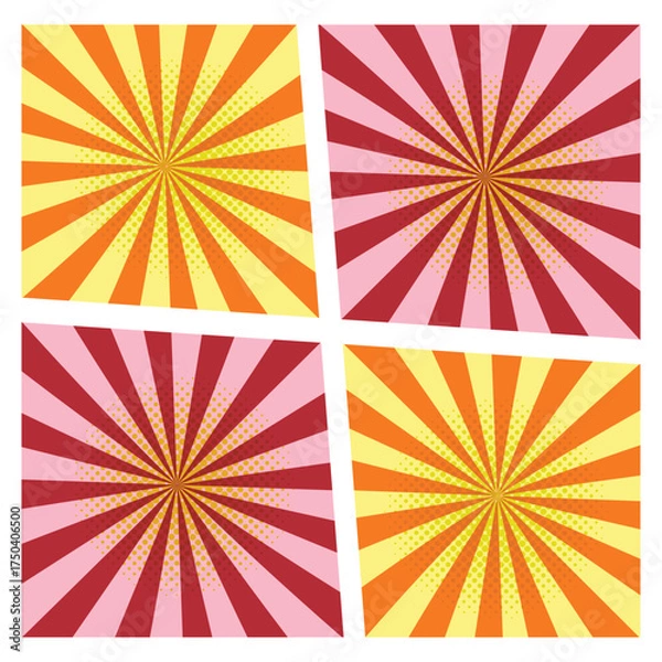 Fototapeta Pop Art Comic Backgrounds Set Vibrant Sunburst and Starburst Patterns with Halftone Dots in Orange, Yellow, Pink, and Red, ideal for retro design elements or energetic graphic layouts
