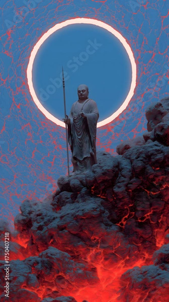 Obraz Sui-Tang Dynasties: Three Teachings Fusion - Buddhism: Xuanzang's Pilgrimage (Modern Techwear), Titanium Lamp, Holographic Sutra, Futuristic Desert