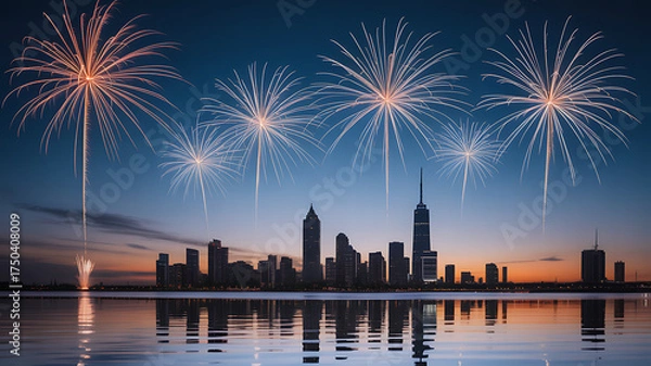 Fototapeta Spectacular fireworks display illuminates city skyline reflecting on calm water surface during celebration event vector