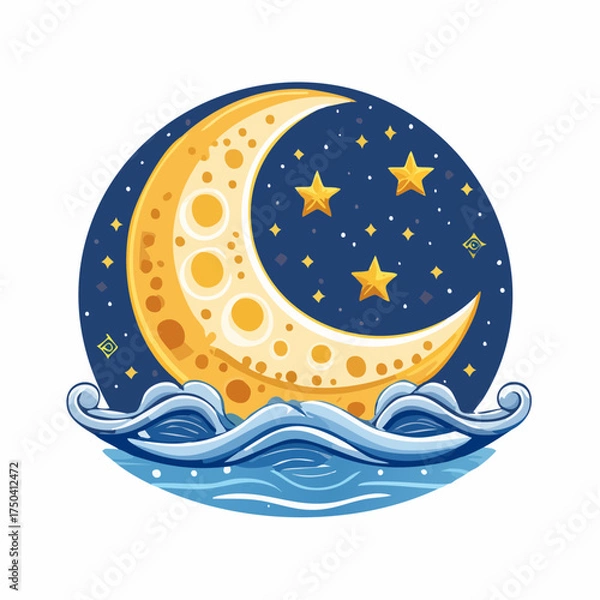 Obraz Moonlit Sea Crescent Moon, Stars, and Gentle Waves Illustration