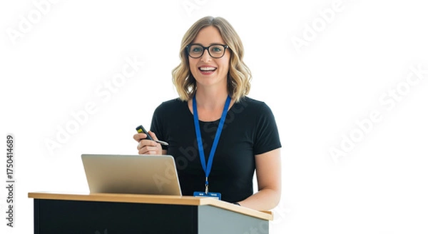 Obraz Confident Female Speaker Giving Presentation: Woman Presenting from Podium with Laptop, Isolated on White Background