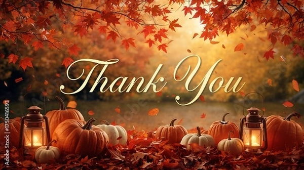 Fototapeta Cozy autumn scene with pumpkins, falling leaves, lanterns, and a Thank You message.
