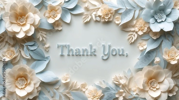 Fototapeta Elegant papercut design with soft blue and cream flowers featuring a Thank You message.