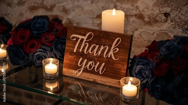 Fototapeta Rustic and heartfelt display featuring a Thank You sign, candles, and red and blue roses.