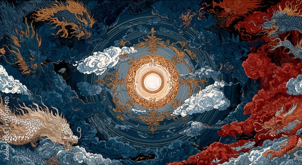 Obraz Sui-Tang Dynasties: Three Teachings Fusion - Buddhism: Eight Dharma Protectors, Energy Forms, Cosmic Order, Crimson Background