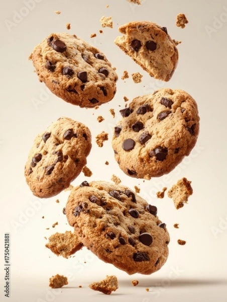 Fototapeta Chocolate chip cookies floating in mid-air.