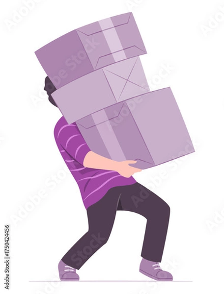 Fototapeta Man Carrying Big Stack of Parcel Boxes for Burden and Overload Work Concept Illustration