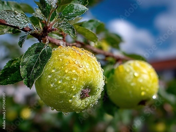 Obraz Close-up of green apples hanging from apple tree branch with blue sky and white clouds background, focus on detailed textures of leaves and fruits
