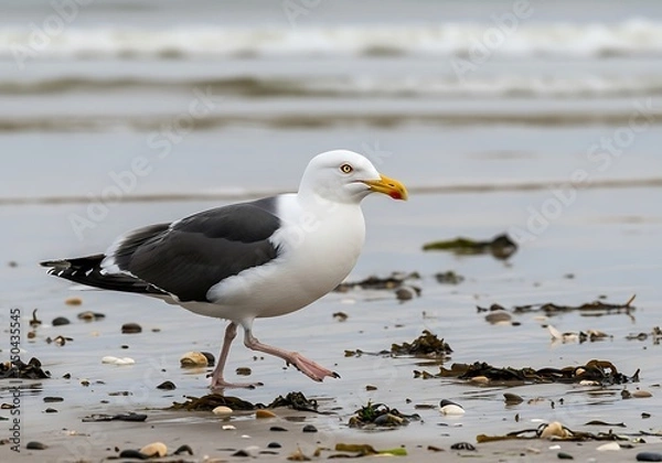 Obraz Great Black-Backed Gull Walking on a Sandy Beach.