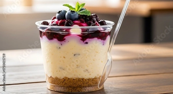 Fototapeta Delicious Blueberry Cheesecake Parfait in a Cup with Mint Garnish.