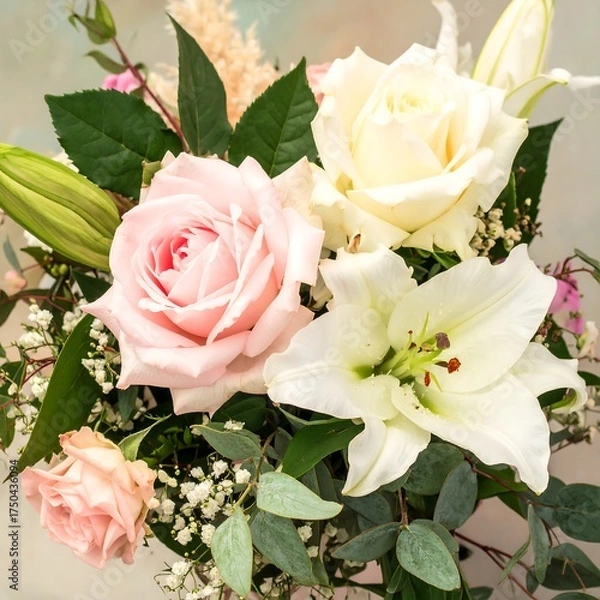 Fototapeta Delicate pastel bouquet of roses and lilies