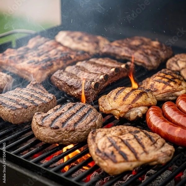 Obraz Grilling Meats - Steaks, Sausages, and Ribs on a Charcoal Grill.