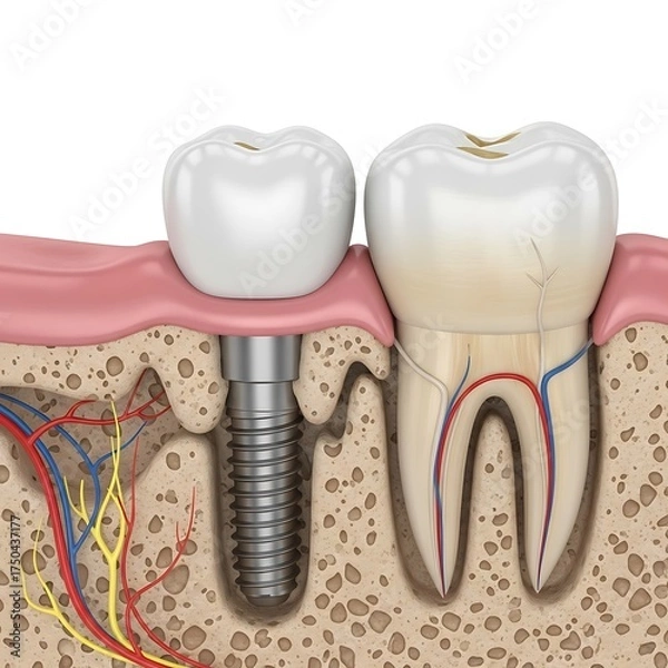 Fototapeta Dental Implant and Natural Tooth Comparison - Structure and Function.
