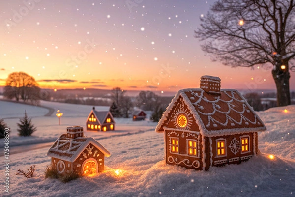 Obraz Gingerbread village glowing warmly at sunset amid snowy landscape