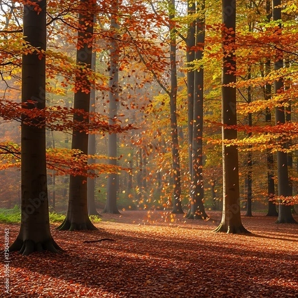 Fototapeta Autumnal Forest Scene with Golden Leaves and Sunlight.