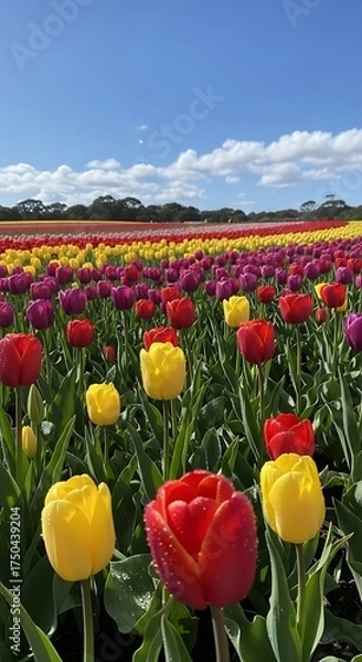 Fototapeta Vibrant Tulip Field Under a Sunny Sky - A Colorful Spring Landscape.