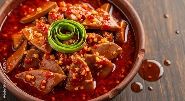 Obraz Spicy Liver Dish with Chili Sauce and Green Onion Garnish.