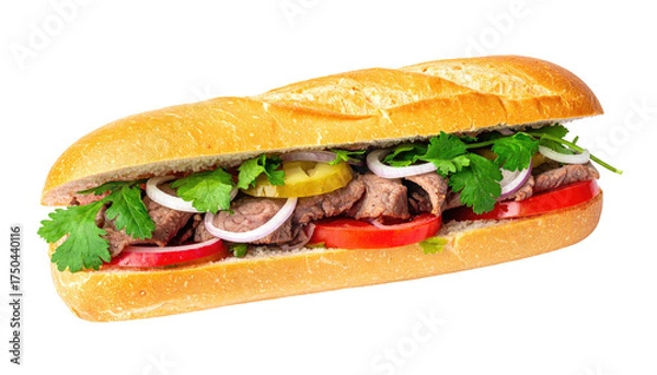 Fototapeta Long bread sandwich filled with meat, veggies, and fresh herbs on a transparent background