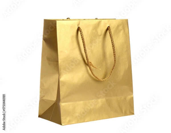 Fototapeta A shiny, golden shopping bag, with rope handles, isolated on a dark background