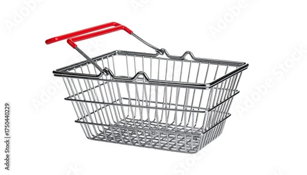 Fototapeta Metallic shopping basket with a red handle, isolated on a black background
