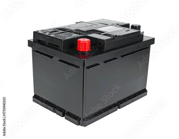 Fototapeta A black rectangular automotive power source with a red terminal and top features