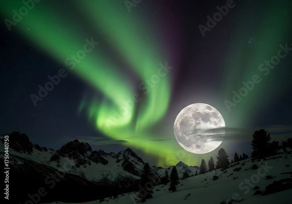 Fototapeta Aurora Borealis and Full Moon Over Snowy Mountains.