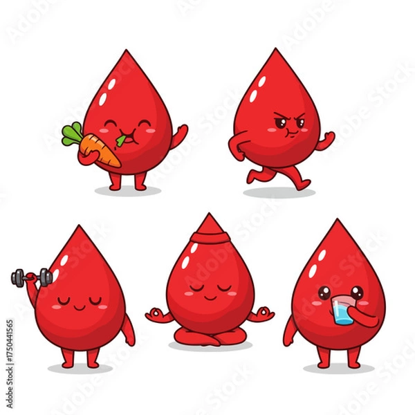 Fototapeta A set of adorable chibi mascot characters shaped like red blood drops
