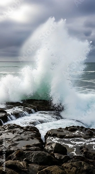 Obraz Powerful Ocean Wave Crashing on Rocky Shoreline Under Stormy Sky.