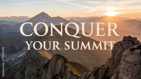 Obraz Scenic Mountain Range at Sunset with Inspirational Text