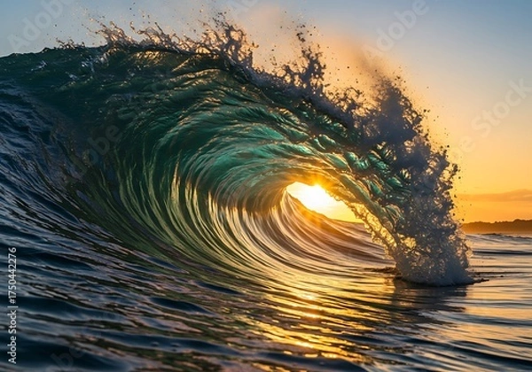 Fototapeta A powerful ocean wave breaking at sunset, with golden light shining through the translucent emerald green barrel