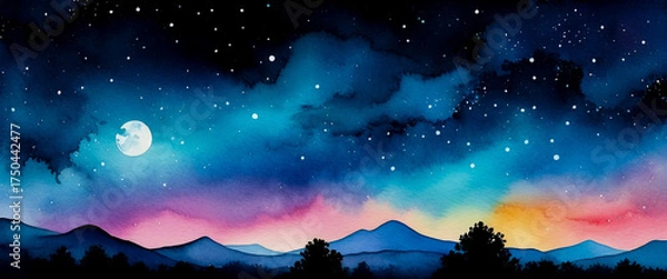 Fototapeta Watercolor night sky with moon and shining stars. Dreamy gradient night landscape with mountains and trees. Mystical starry sky illustration with soft colorful tones. With space for text.