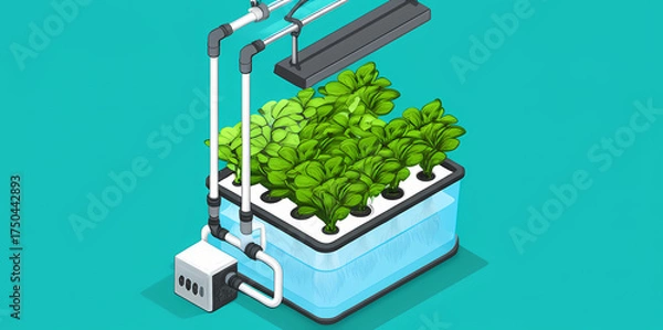 Obraz Isometric illustration of a hydroponic system with lush green plants growing under artificial lights in a water-filled container.