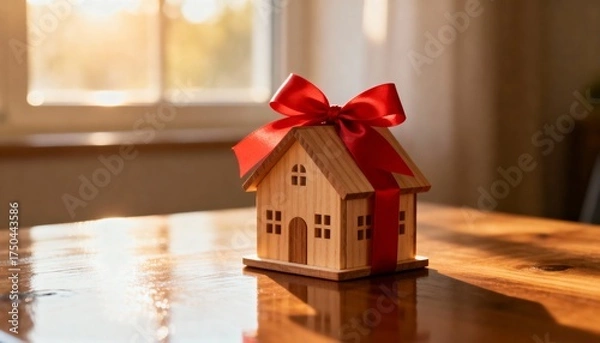 Fototapeta Wooden house gift with red ribbon on table home present
