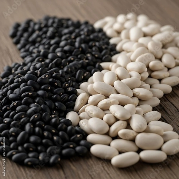 Obraz Black and White Beans - A Culinary Contrast on Wooden Surface.