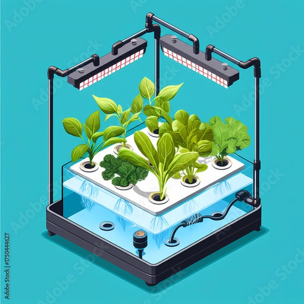 Fototapeta Isometric illustration of a hydroponic garden setup with various leafy green plants growing under LED lights, showcasing sustainable indoor agriculture.