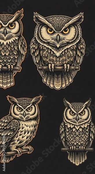 Fototapeta Detailed Owl Illustrations - A Collection of Focused Gaze and Intricate Details.