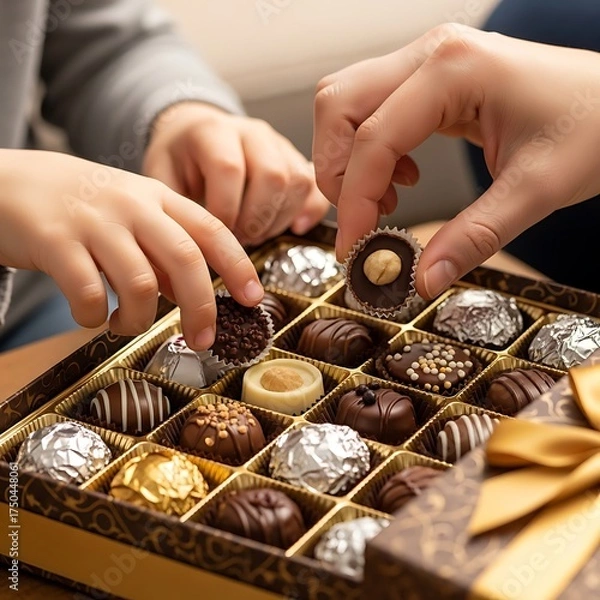 Fototapeta Sharing a Box of Chocolates - A Sweet Treat.