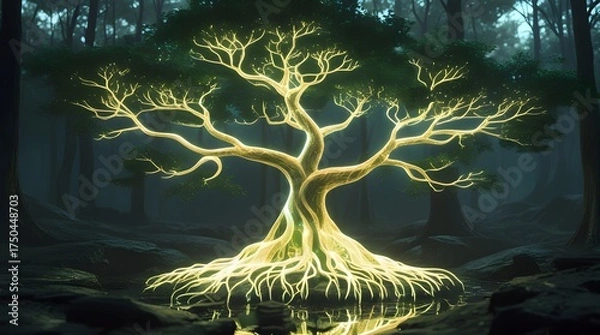 Obraz Ultra-detailed digital concept art showing fusion of organic and artificial in glowing bioluminescent tree with holographic light and neural roots