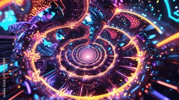 Obraz Cinematic abstract visualization depicting infinite neon spiral of circuitry and crystalline geometry glowing with ethereal futuristic symmetry