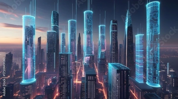 Obraz Futuristic digital city skyline composed of luminous holographic skyscrapers made from glowing circuit boards and neon wireframes in cinematic sci-fi style
