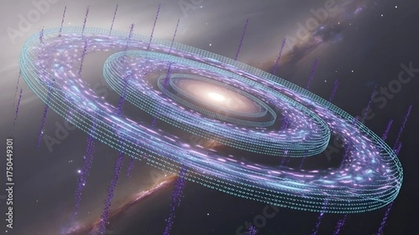Obraz Futuristic digital painting of colossal spiral galaxy made of glowing neural networks and binary code streams forming vibrant cosmic patterns