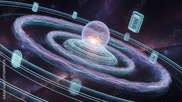 Obraz Cinematic digital artwork depicting spiral galaxy of neural links and binary streams glowing in blue, purple, emerald, and fiery orange hues