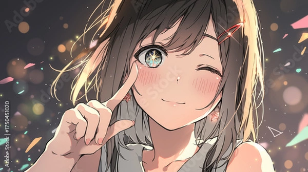 Fototapeta 星のような瞳でウィンクするアニメ美少女｜幻想的に輝く光と笑顔のポートレート