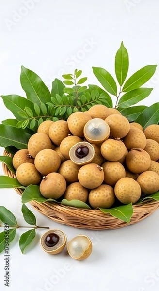 Fototapeta Fresh Longan Fruit in Basket with Green Leaves on White Background.