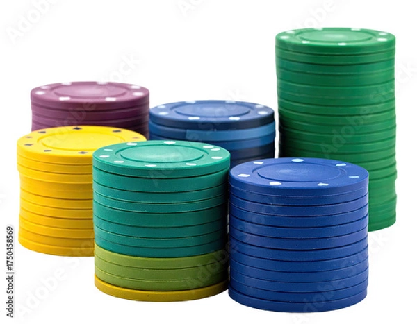 Fototapeta Various colorful, stacked, round objects resembling small coins, black backdrop