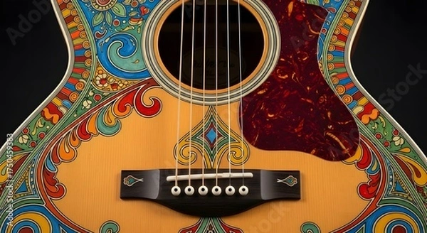 Obraz Close-up of an acoustic guitar body adorned with vibrant, intricate, psychedelic-style patterns and colorful designs.